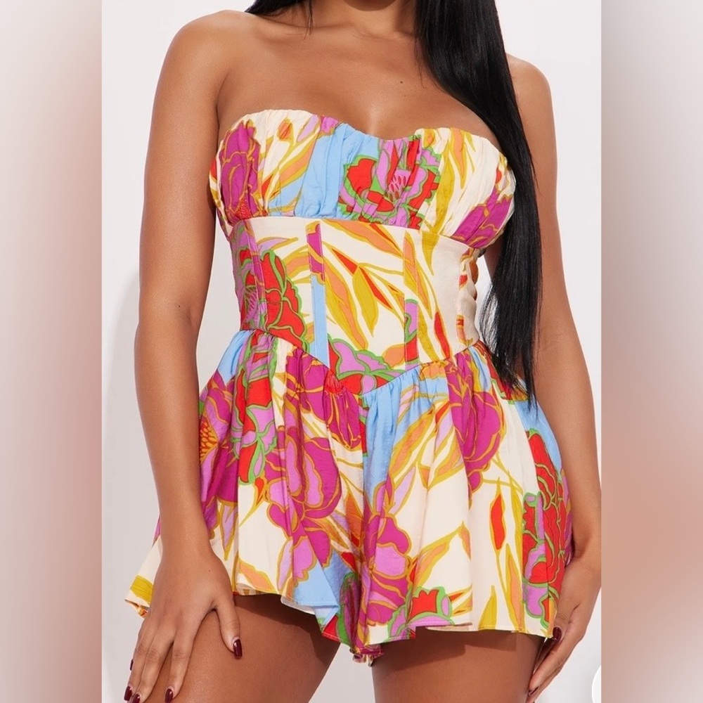 Strapless Floral Print Kids One Piece Romper in Cream & Pink